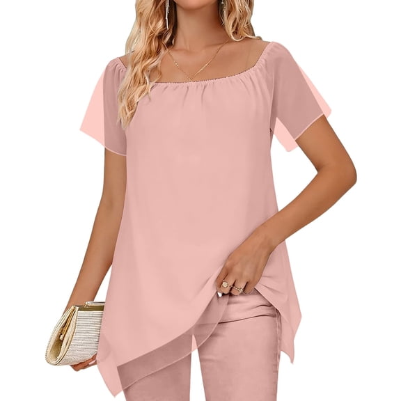 Womens Summer Chiffon Elegant Tops Casual Square Neck Off Shoulder Puff Short Sleeve T-Shirts