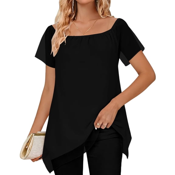 Womens Summer Chiffon Elegant Tops Casual Square Neck Off Shoulder Puff Short Sleeve T-Shirts