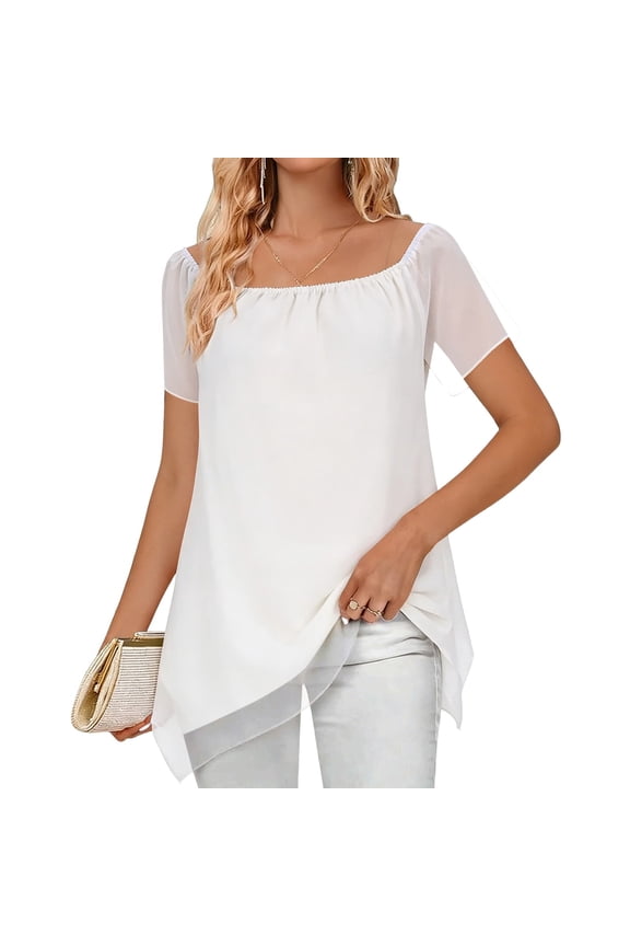 Womens Summer Chiffon Elegant Tops Casual Square Neck Off Shoulder Puff Short Sleeve T-Shirts