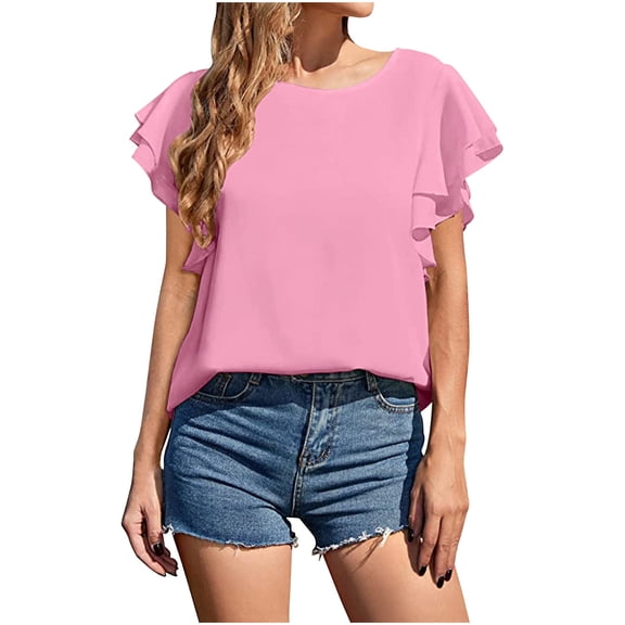 Womens Summer Chiffon Tops Double Ruffle Short Sleeve Crewneck Shirts Losse Fit Solid Color T Shirt Elegant Clothes