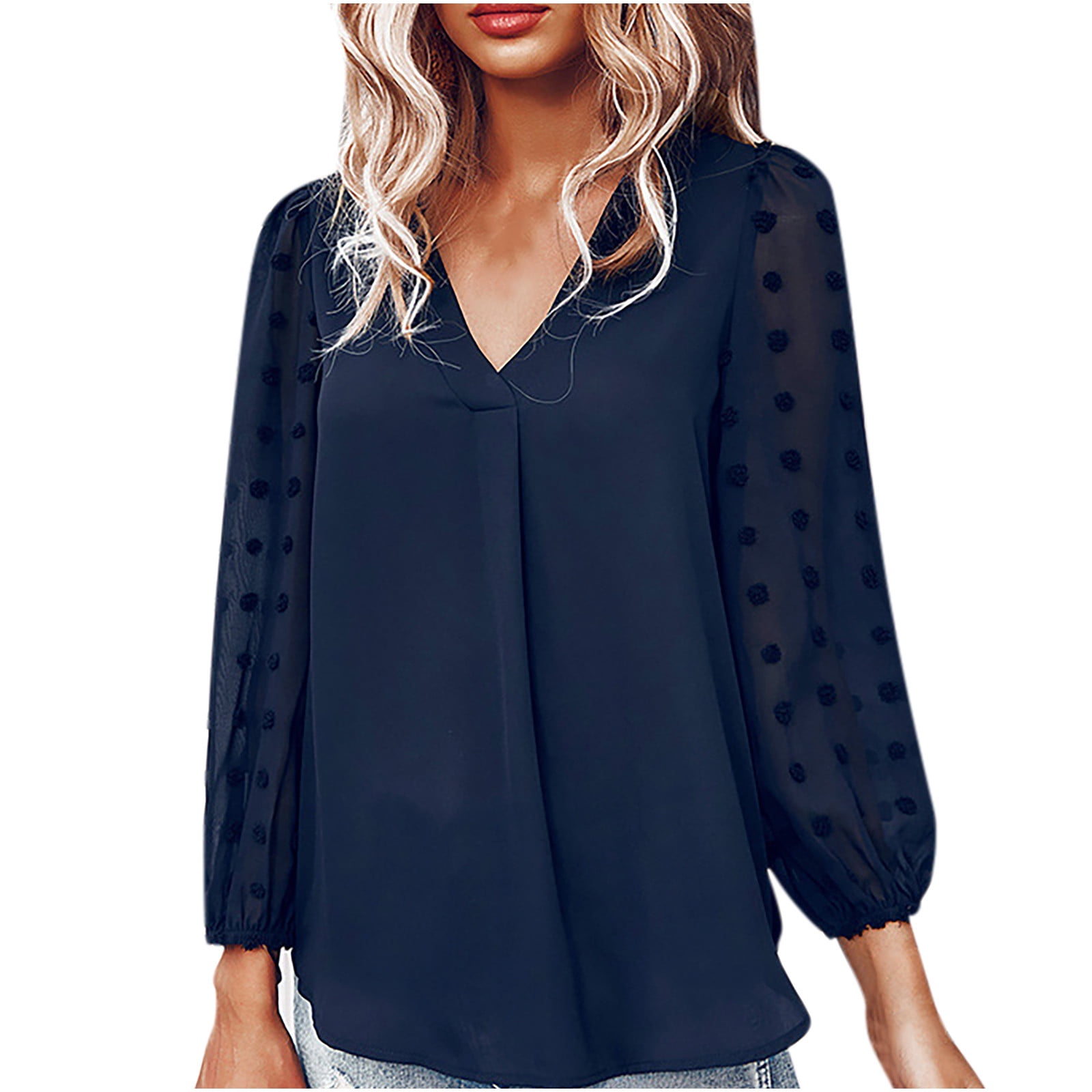Womens Summer Chiffon Tops Long Sleeve Henley V-Neck Solid Loose T ...