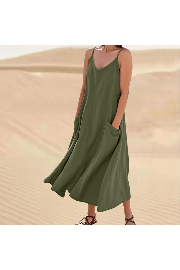 Womens Summer Clothes Casual Cotton and Linen Suspender Solid Color Pocket Jumpsuit Long Dress Beach Dress Party Dresses with Pockets