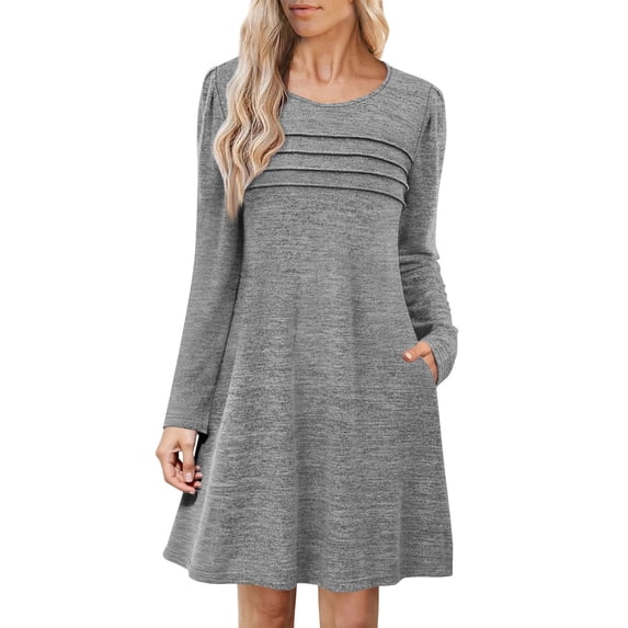 Womens Summer Clothes Fashion Casual Solid Round Neck Long Sleeve Fold Dress A-Line Casual Loose T-Shirt Beach Sundress