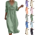 thumbnail image 1 of Womens Summer Clothes Fashion Casual V-Nek 3/4 Sleeve Solid Mid-Calf Dress Fashion Beach Vacation Clothes, 1 of 9