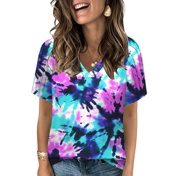 Womens Summer Clothes Loose Fit V Neck Tops 2025 Short Sleeve Dressy Cute Tie Dye T Shirts S YH004