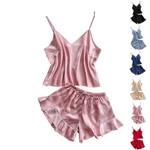 Womens Summer Clothes Pjs Sets for Women Women Summer Fashion Casual Solid Color Lapel Straps Shorts Pajama Set Navy M
