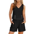thumbnail image 1 of Womens Summer Clothes Set 2 Piece Linen Outfits Buttons Slit Hem Crop Tank Top Elastic Waist Shorts with Pockets (2XL, Black), 1 of 8