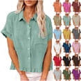 thumbnail image 1 of Womens Summer Clothes Short Sleeved Shirt Fashion Spring Clothing Fabric Solid Color Front Pocket Hem Fringe Short Sleeve Flared Collar Top, 1 of 9