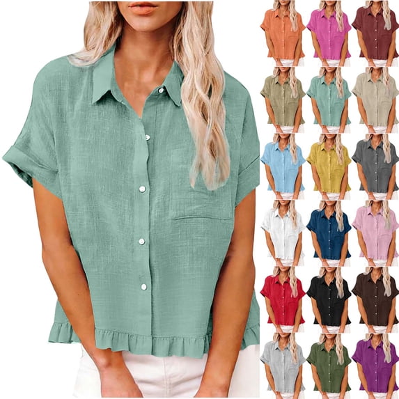 Womens Summer Clothes Short Sleeved Shirt Fashion Spring Clothing Fabric Solid Color Front Pocket Hem Fringe Short Sleeve Flared Collar Top