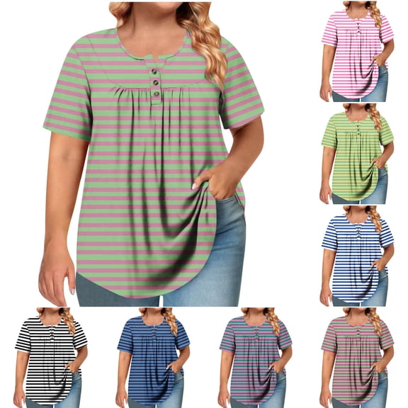 Womens Summer Clothes Short Sleeved Shirt Short Sleeved Round Neck Button Up Pleated T-Shirts