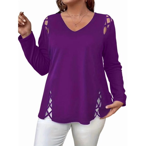 Womens Summer Cold Shoulder Tops Long Sleeve T Shirts Pullover -Strap Cutout Design Blouses 4XL