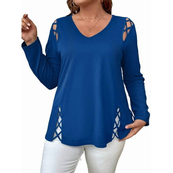 Womens Summer Cold Shoulder Tops Long Sleeve T Shirts Pullover -Strap Cutout Design Blouses Blue XL