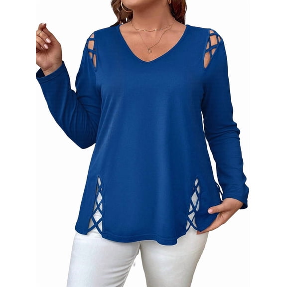 Womens Summer Cold Shoulder Tops Long Sleeve T Shirts Pullover -Strap Cutout Design Blouses Blue XL