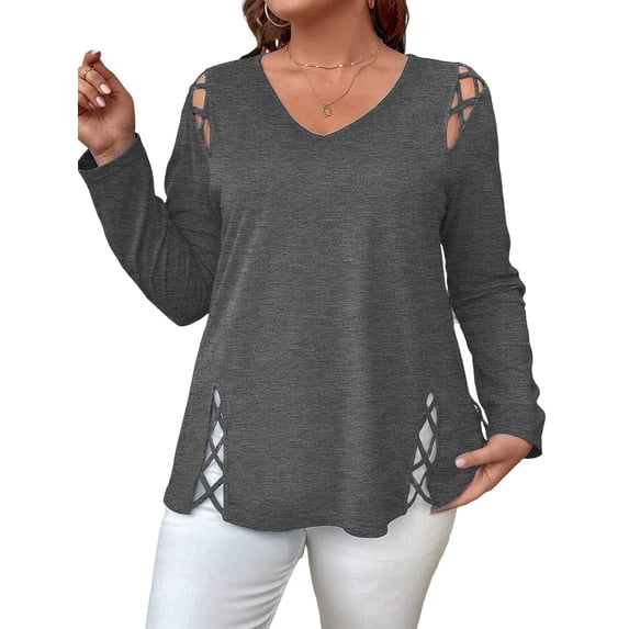 Womens Summer Cold Shoulder Tops Long Sleeve T Shirts Pullover -Strap Cutout Design Blouses Dark Gray 5XL