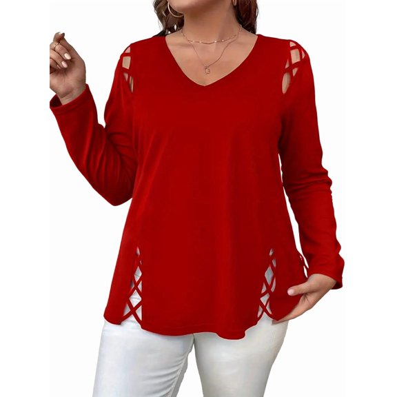 Womens Summer Cold Shoulder Tops Long Sleeve T Shirts Pullover -Strap Cutout Design Blouses Red XXL