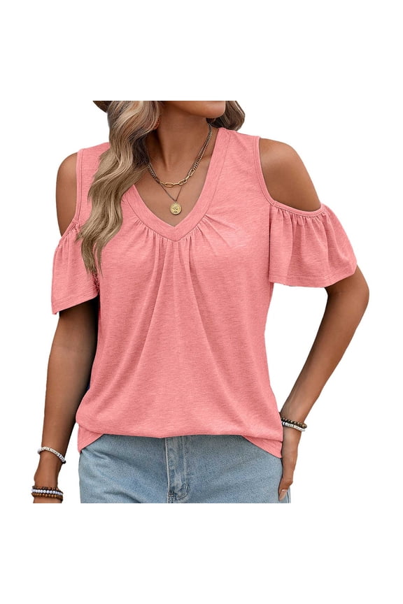 Womens Summer Cold Shoulder Tops Low Back Flowy Ruffle Short Sleeve V Neck T Shirts Sexy Casual
