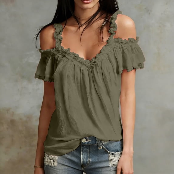 Womens Summer Cold Shoulder Tops Low Back Short Sleeve V Neck T Shirts Sexy Ruffle Casual Tops
