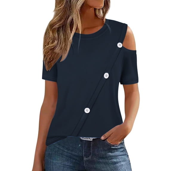 Womens Summer Cold Shoulder Tops Short Sleeve Dressy Casual T-Shirts Crewneck Ladies Going Out Tunic Blouses