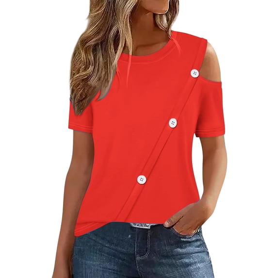Womens Summer Cold Shoulder Tops Short Sleeve Dressy Casual T-Shirts Crewneck Ladies Going Out Tunic Blouses