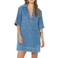 thumbnail image 1 of Womens Summer Collared V Neck Mini Casual Jean Dresses with Pockets Sky Blue L, 1 of 6