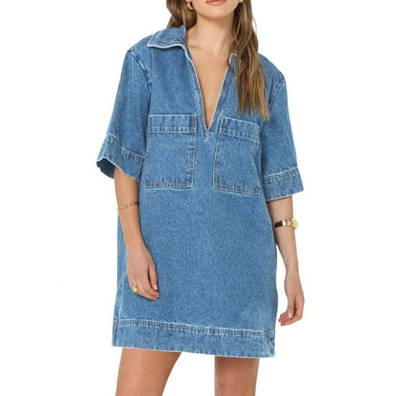 Womens Summer Collared V Neck Mini Casual Jean Dresses with Pockets Sky Blue L