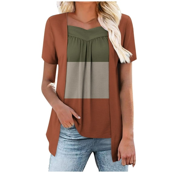 Womens Summer Color Block Blouses Fake Two Piece Tops Pleated Square Neck Short Sleeve Tees Irregular Hem Tee Shirts Relaxed Fit Tunics Dressy Causal T-Shirt Holiday Going Out Clothes