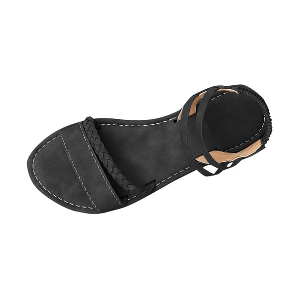 Womens Summer Comfort Flats Sandals- Wide Width Flat Beach Open Toe Ankle Strap Slip-On Shoes Walking Standing Holiday Black Women Sandal