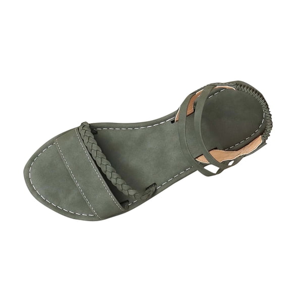 Womens Summer Comfort Flats Sandals- Wide Width Flat Beach Open Toe Ankle Strap Slip-On Shoes Walking Standing Holiday Green Women Sandal