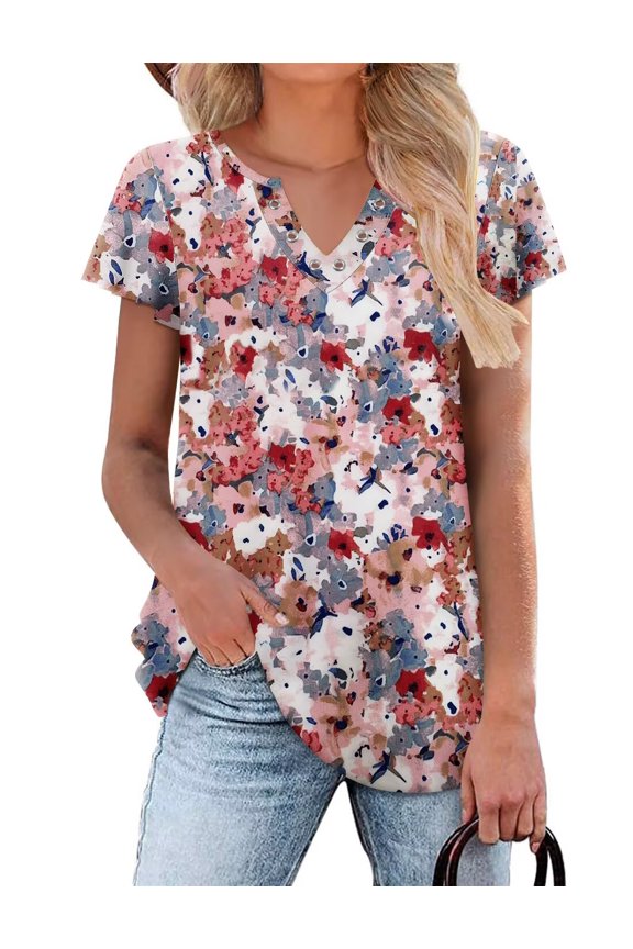 Womens Summer Comfy Blouse Short Sleeve V Neckline T Shirts Breathable Loose Fit Tunic Tops