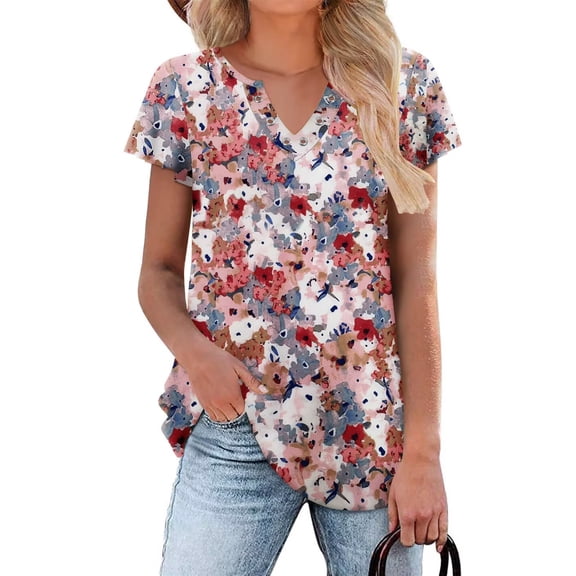 Womens Summer Comfy Blouse Short Sleeve V Neckline T Shirts Breathable Loose Fit Tunic Tops