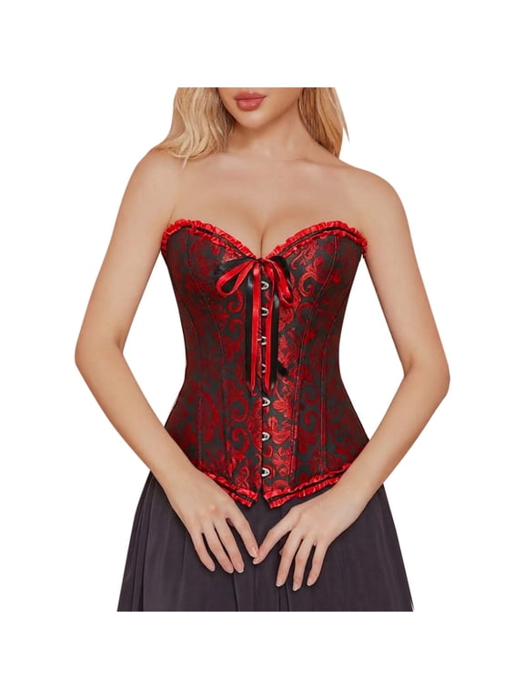 Womens Summer Corset Top Sweetheart Front Button Bow Strapless Corset Sexy Corset Top for Women Red XXL