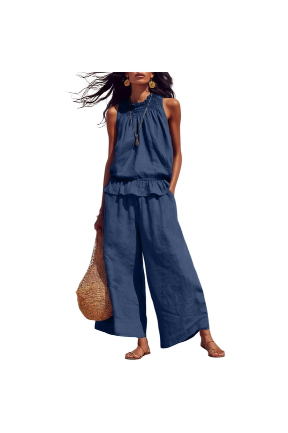 Womens Summer Cotton Linen 2 Piece Outfits Sleeveless Ruffle Top Wide Leg Pants Beach Vacation Lounge Sets