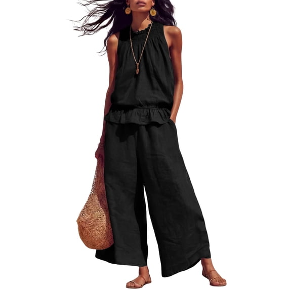 Womens Summer Cotton Linen 2 Piece Outfits Sleeveless Ruffle Top Wide Leg Pants Beach Vacation Lounge Sets