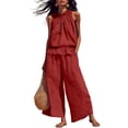 thumbnail image 1 of Womens Summer Cotton Linen 2 Piece Outfits Sleeveless Ruffle Top Wide Leg Pants Beach Vacation Lounge Sets, 1 of 7