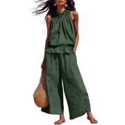 Womens Summer Cotton Linen 2 Piece Outfits Sleeveless Ruffle Top Wide Leg Pants Beach Vacation Lounge Sets