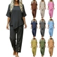 thumbnail image 1 of Womens Summer Cotton Linen 2 Piece Set Short Sleeve Round Neck Tops and Elastic Wide Leg Trousers with Drawstring Plain Lounge Wear Beige XL, 1 of 7