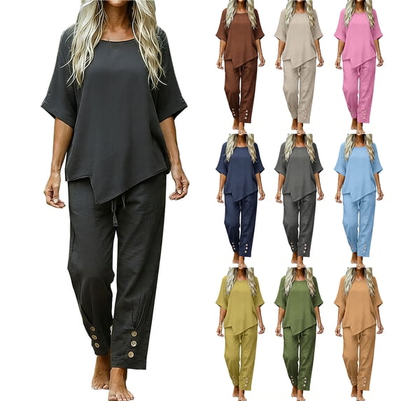 Womens Summer Cotton Linen 2 Piece Set Short Sleeve Round Neck Tops and Elastic Wide Leg Trousers with Drawstring Plain Lounge Wear Pink S