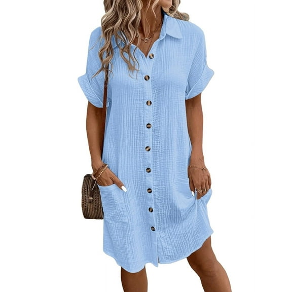 Womens Summer Cotton Linen Button Down V-Neck Casual Short Sleeve Loose Tunic Dresses Blue XXL