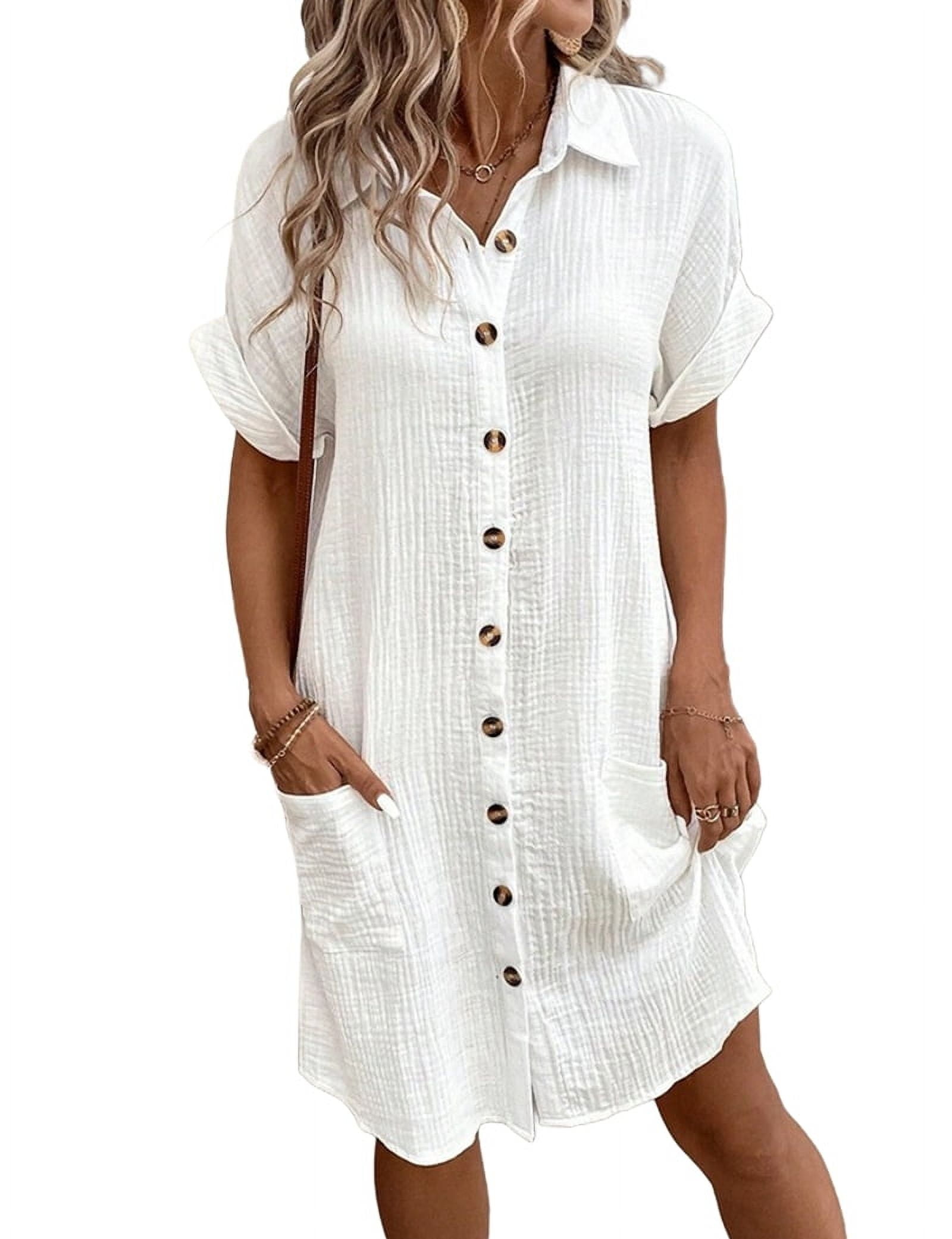 Womens Summer Cotton Linen Button Down V-Neck Casual Short Sleeve Loose ...
