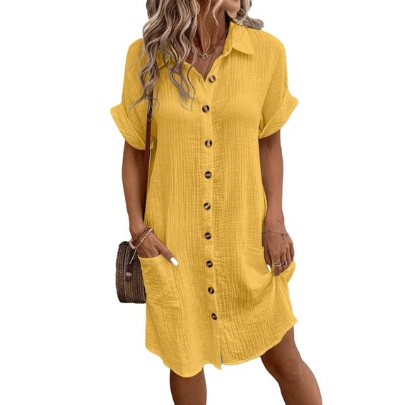 Womens Summer Cotton Linen Button Down V-Neck Casual Short Sleeve Loose Tunic Dresses Yellow S