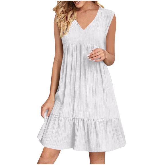 Womens Summer Cotton Linen Dresses Loose Fit Flare Flowy V Neck Sleeveless Dress Swing Casual Tiered Beach Sundress