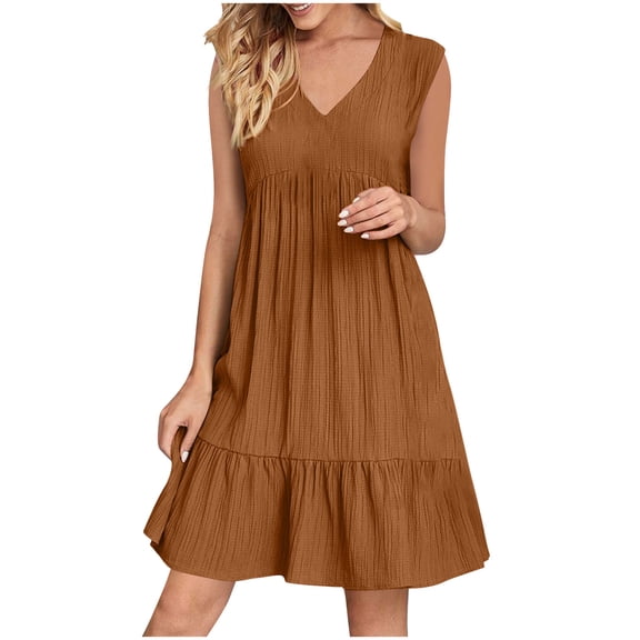 Womens Summer Cotton Linen Dresses Loose Fit Flare Flowy V Neck Sleeveless Dress Swing Casual Tiered Beach Sundress