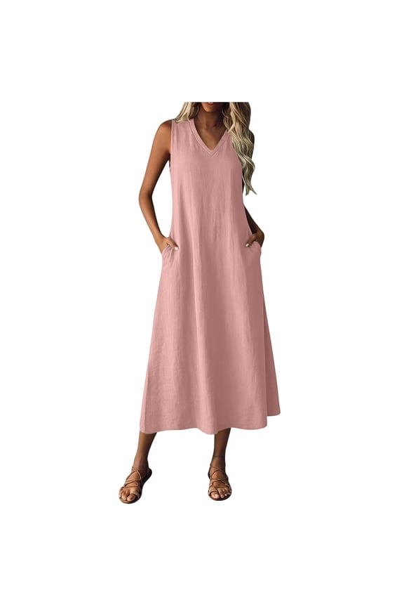 Womens Summer Cotton Linen Dresses Maxi Dress V Neck Sleeveless Beach Vacation Sundress Casual Long Dress with Pockets Pink L(L)