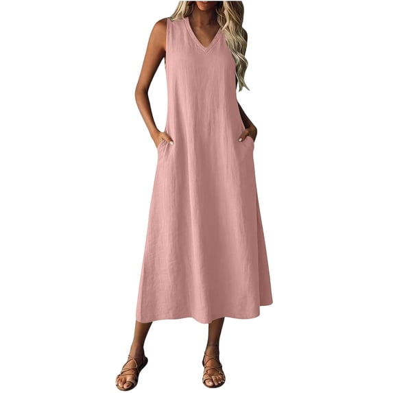 Womens Summer Cotton Linen Dresses Maxi Dress V Neck Sleeveless Beach Vacation Sundress Casual Long Dress with Pockets Pink M(M)
