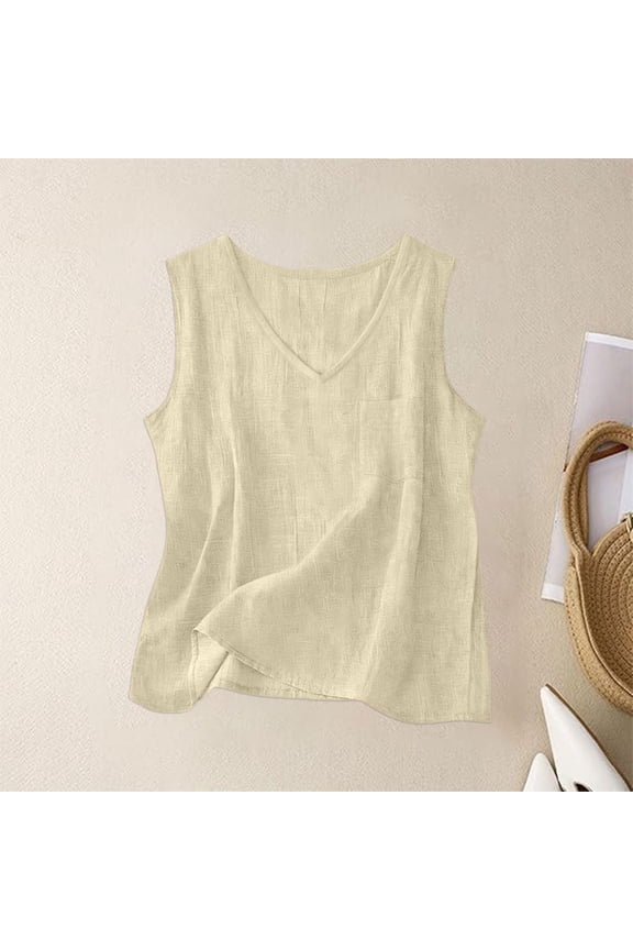 Womens Summer Cotton Linen Gauze Tank Tops Casual V Neck V Neck Tunic Blouse Loose Fit Basic Dressy Lightweight Vacation Cami Travel Clothing, Beige XL