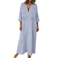 thumbnail image 1 of Womens Summer Cotton Linen Maxi Dress Short Sleeve V Neck Boho Ruffle Flowy Casual Loose Long Dresses (L, Light Blue), 1 of 8