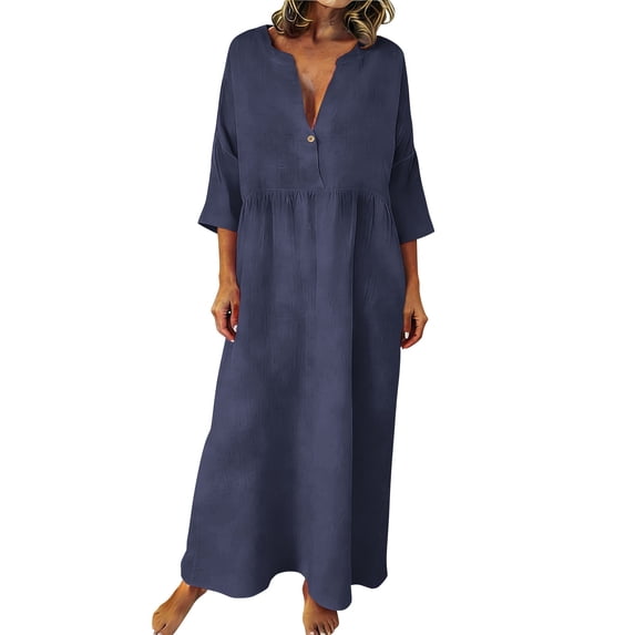 Womens Summer Cotton Linen Maxi Dress Short Sleeve V Neck Boho Ruffle Flowy Casual Loose Long Dresses (L, Navy)