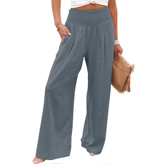 Womens Summer Cotton Linen Palazzo Pants Elastic High Rise Wide Leg Pants Casual Loose Long Lounge Trousers with Pockets