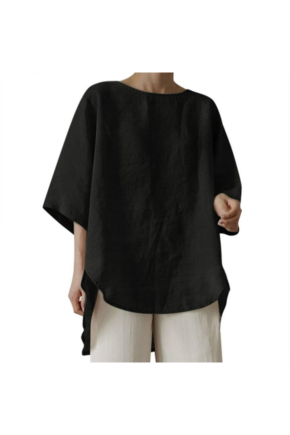 Womens Summer Cotton Linen Shirts 3/4 Sleeve Solid Color Loose Casual T Shirts Hi-lo Hem Basic Tunic Tops Blouses