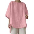 thumbnail image 1 of Womens Summer Cotton Linen Shirts 3/4 Sleeve Solid Color Loose Casual T Shirts Hi-lo Hem Basic Tunic Tops Blouses, 1 of 6